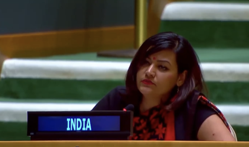 First Secretary in India’s Permanent Mission to the UN Petal Gahlot at United Nations General Assembly on Friday (September 26, 2025). Photo: UN Youtube